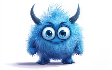 Fototapeta premium funny Fluffy bright monster with horns and big blue eyes, cartoon charachter standing on a bright white background