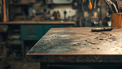 rugged metal surface in a workshop setting, ideal for showcasing projects or tools in a craftsmana??s space -