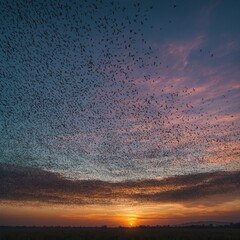 A flock of starlings creating mesmerizing shapes in the twilight sky.A crow perched on a broken clock face in a surreal dreamscape.A group of starlings forming intricate patterns in a twilight sky.