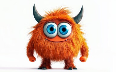 Fototapeta premium funny Fluffy bright monster with horns and big blue eyes, cartoon charachter standing on a bright white background