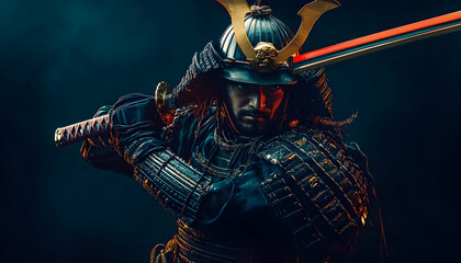 samurai in traditional armor, striking an action pose on a dramatic black backdrop -