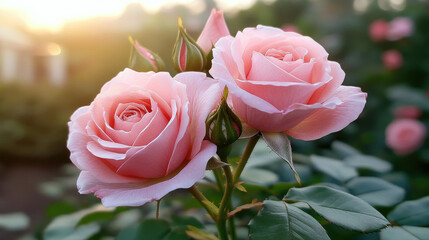 Valentine's romance celebration lovely pink roses in the garden at sunset realistic photo with backlighting for wedding and anniversary invitations