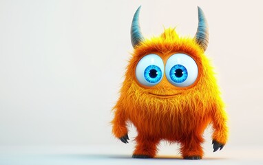 Naklejka premium funny Fluffy bright monster with horns and big blue eyes, cartoon charachter standing on a bright white background