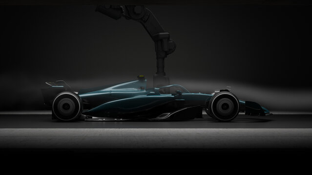 Aerodynamic race car undergoing testing in a wind tunnel