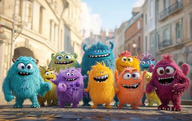 Group Cute Furry Colorful Monsters