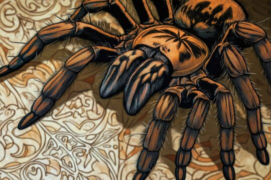 A large spider sits on top of a bed, with a simple background