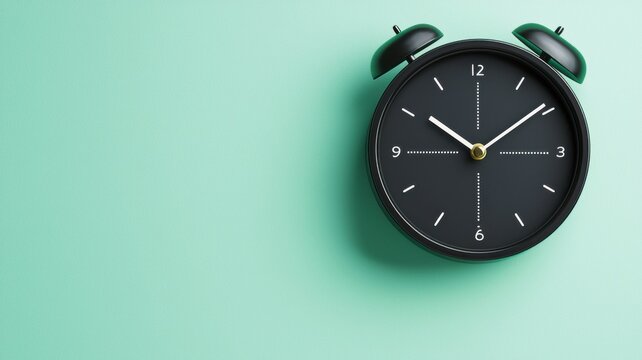 A sleek black alarm clock against a mint green background, emphasizing time management and modern design.