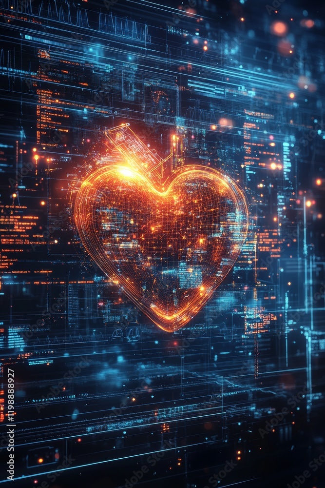 Poster futuristic medical interface digital diagnostics with holographic heart in a clinical setting - adva
