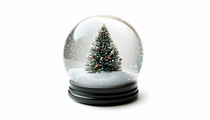 snow globe with a miniature festive tree scene in the snow, isolated on a clean white background -