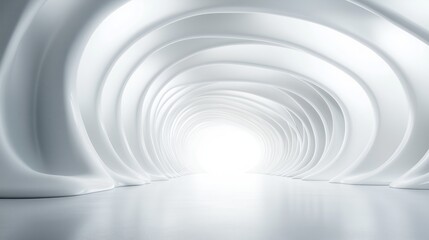 Obraz premium Curved white tunnel with glowing light at the end in a minimalist space