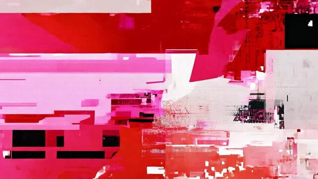 Abstract Glitch Art:  A vibrant explosion of red and pink hues, shattered into fragmented geometric shapes, creating a dynamic and visually arresting piece of digital art.