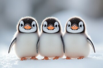 Fototapeta premium Three adorable penguin chicks standing together in a snowy landscape.