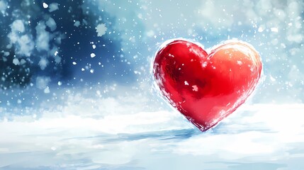 Fototapeta premium A vibrant red heart covered in ice, resting on a snowy surface with a dreamy winter background. Snowflakes gently fall, creating a magical and romantic atmosphere.