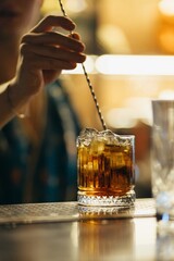 Bartender working, preparing whiskey the old fashioned cocktail