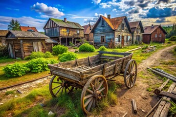 Fototapeta premium Abandoned Village Wooden Cart Drone Shot, Vintage Cart, Rural Decay, Aerial Photography
