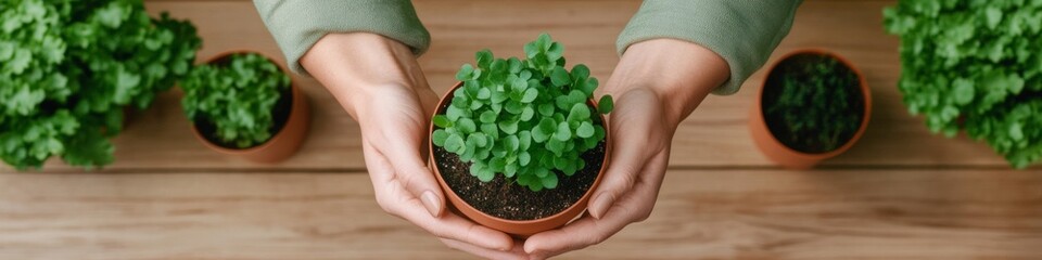 Eco-Chic Plant Nurturing Hands Cradling Potted Greenery with Soft Sleeves on Rustic Wooden Table - Environmental Branding and Sustainable Campaign Imagery