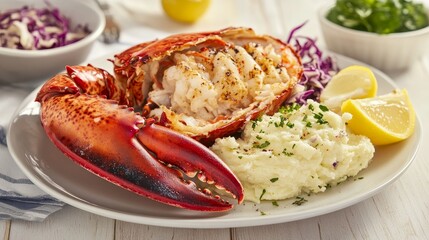 Elegantly plated lobster with rustic slaw and creamy garlic mashed potatoes for affordable luxury