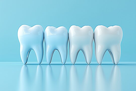 Dental health display featuring four glossy teeth on a blue background