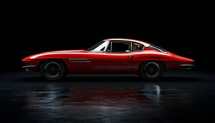 Fototapeta premium Striking red car displayed against a dark dramatic backdrop -