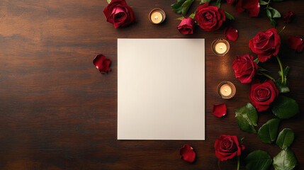 Cinematic top view of blank paper rose background with candle for a lovely romantic valentine's day wedding anniversary invitation heartfelt experience