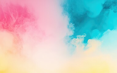 Fototapeta premium Multi-colored smoke in shades of cyan, pink, and yellow blending together on a white background