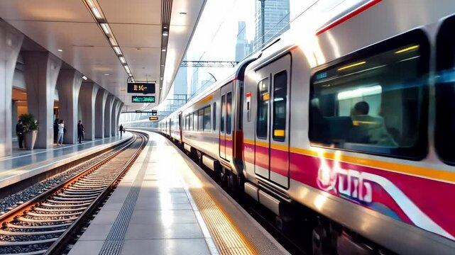 Modern commuter trains depart from the city station