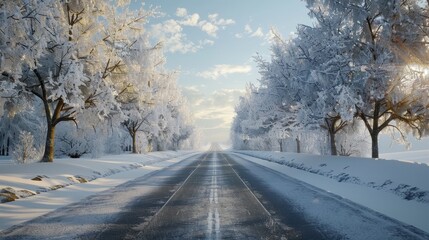 Obraz premium Snowy Road Surrounded by Trees Under Winter Morning Sky