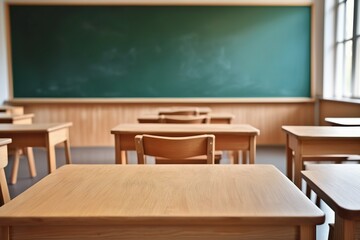 An empty classroom with close-up wooden desks and chairs, a green chalkboard on the wall, a blank floor, and a vintage interior design