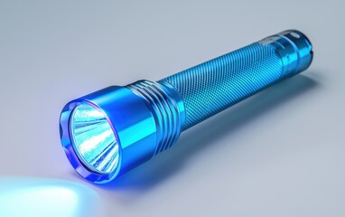 Neon blue flashlight with a metallic finish, standing on a stark white surface