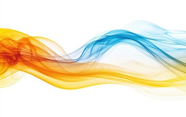 Neon blue, yellow, and orange smoke in dynamic patterns, forming wisps and spirals on a white backdrop