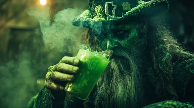Mysterious Leprechaun Enjoys a Green Drink during a Festive Celebration