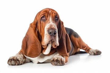 Adorable Basset Hound Dog Lying on White Background for Adoption Campaigns