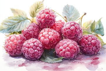 A watercolor illustration of fresh raspberries with green leaves, showcasing vibrant colors.
