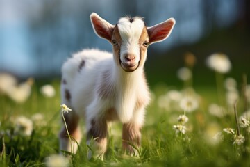 Obraz premium Adorable White Goat Kid Grazing on Lush Green Grass in the Spring. Perfect for Farming and Animal Themes, Children's illustrations and more