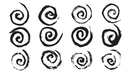 Collection of spirals drawn in ink with wide brush, set of spiral and swirl motion brush drawn elements, black strokes in the form of curls for design, swirling grunge elements, concept of hypnosis