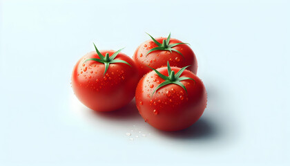 Fruit Three red tomatoes with water droplets and green stems, arranged in a clean, minimalistic manner The4
