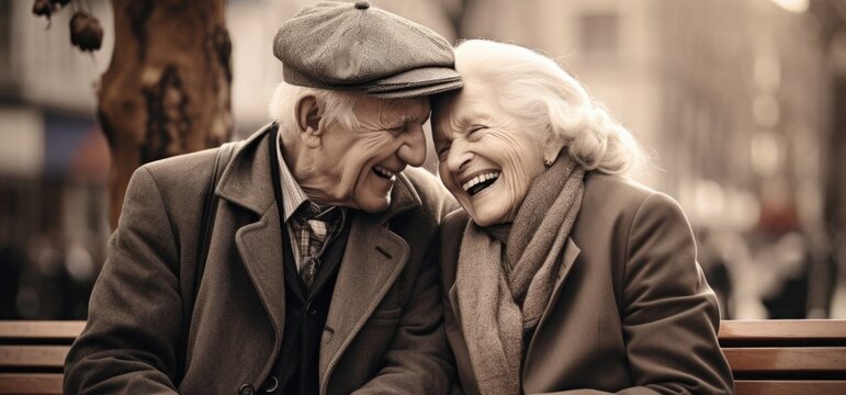 Joyful Elderly Couple Laughing Together on a Park Bench. Retirement Communities. Healthcare and Senior Living. Grandparents’ Day. International Day of Older Persons. World Kindness Day. 