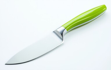 Obraz premium One ceramic knife with a vibrant green handle, displayed on a pure white background