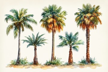 Watercolor illustration of five distinct palm trees showcasing diverse shapes and colors.