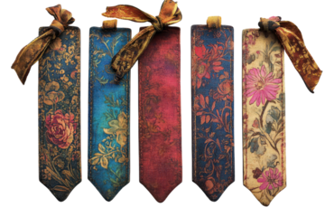 Decorative bookmarks featuring floral patterns and vibrant colors displayed together in an artistic arrangement