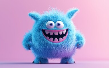 Playful blue fuzzy monster with floppy ears and a wide grin, 3D character design, on a minimal gradient background