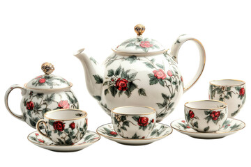 Beautiful porcelain tea set with floral design displayed on a white background