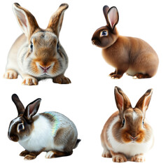 Fototapeta premium Adorable Rabbit Quartet: Four charming rabbits in various brown and white patterns, captured in a delightful close-up shot, showcase their unique and endearing features.