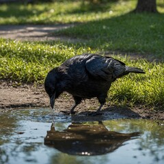Obraz premium Quietude by the Lake: A Capercaillie in Tranquil Surroundings.Lake Serenity: A Capercaillie Finding Calm in Nature.Eurasian Coot (Fulica atra) drinking water