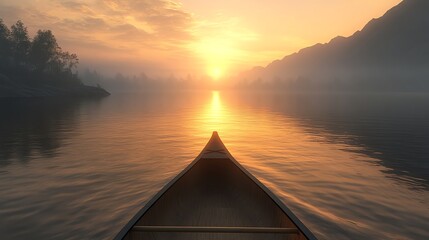 Serene sunset canoe journey on calm lake.