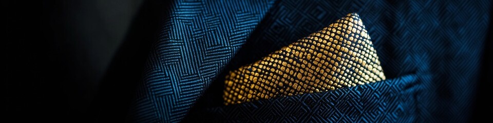 Refined Navy Blue Fashion Luxurious Gold-Embroidered Pocket Square in Textured Suit Jacket - Elegance and Detail for Modern Formal Wear and Exclusive Business Attire
