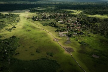 Naklejka premium A stark line divides a green landscape that was once a cohesive community