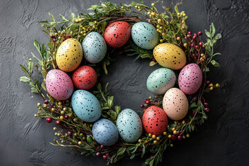 Obraz premium Easter wreath with pastel-colored eggs and green foliage.