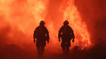Fototapeta premium Two firefighters walk towards a raging wildfire, silhouetted against a backdrop of intense flames and smoke.