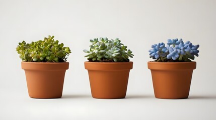 Fototapeta premium Three potted succulent plants in terracotta pots on a light background.